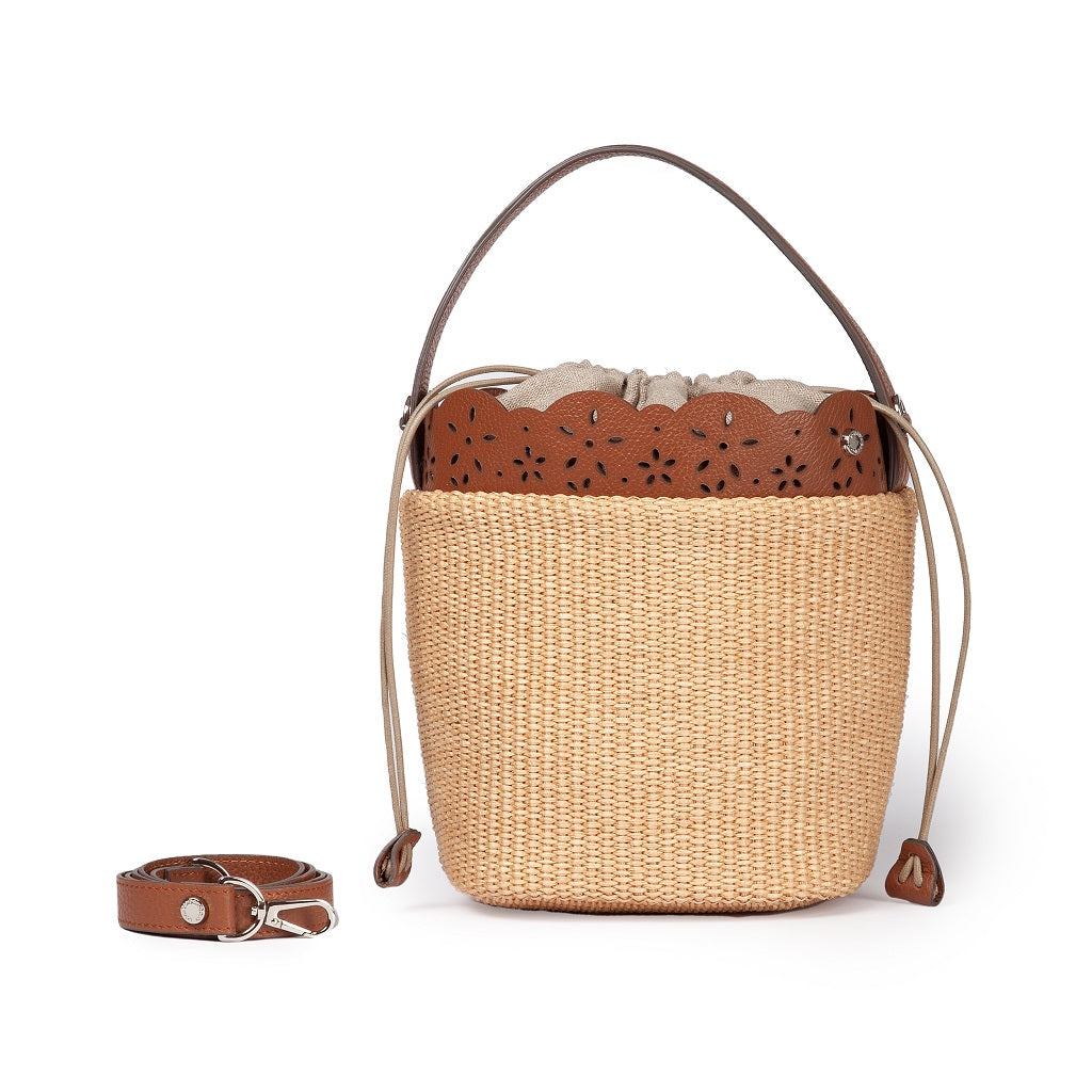 Roberta Gandolfi Diletta Ambra Bucket Bag in Straw and Leather