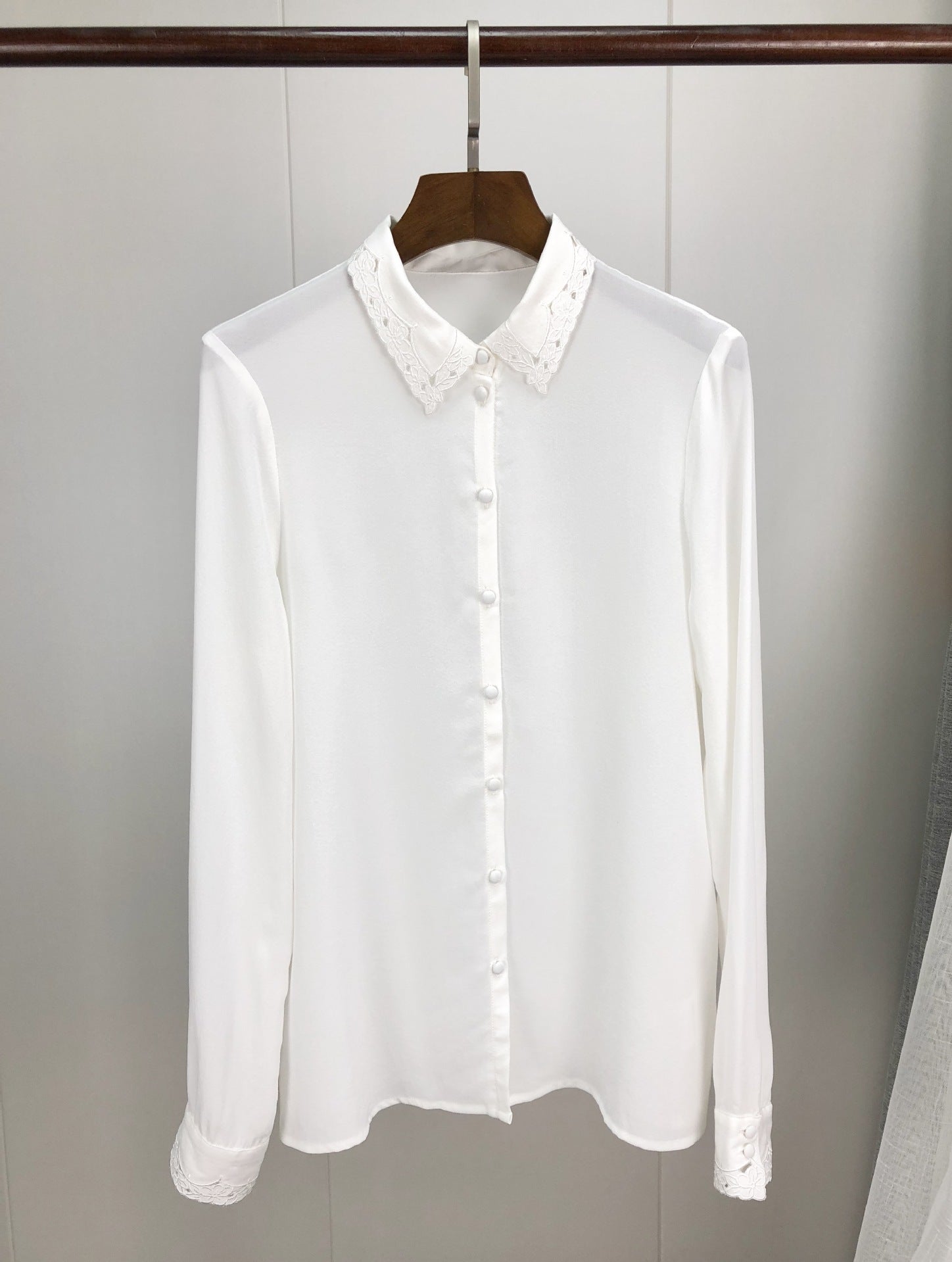 Elegant Openwork Embroidered Silk Long Sleeve Shirt