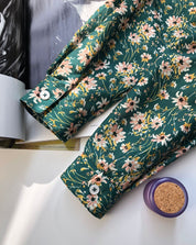 Romantic Long-Sleeved Green Floral Silk Cotton Shirt