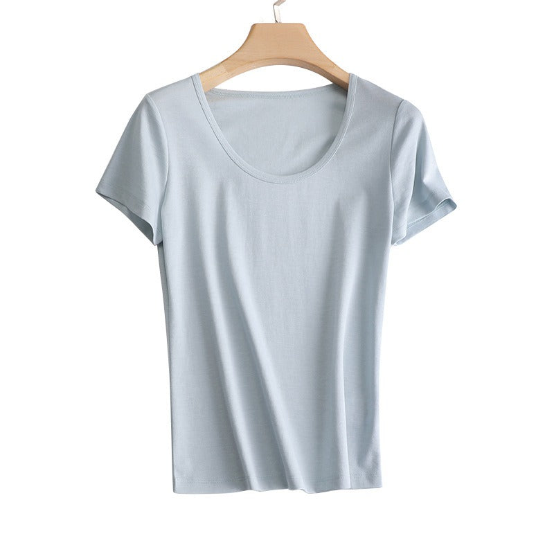 U Neck Silk  T- Shirt -Silk Slim T-shirt women Large U-neck collarbone cool feeling technology silky acetate mulberry silk slim T-shirt women look thin short-sleeved