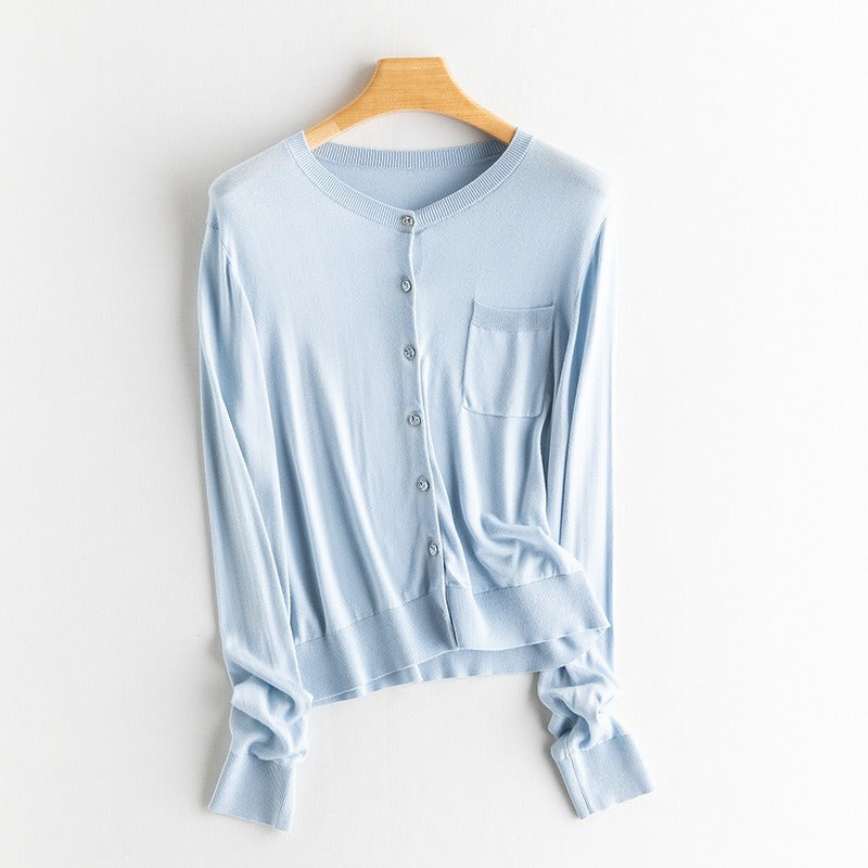 Silk Cardigan -Elevate your wardrobe with our Regenerated Cellulose Fiber Silk Cardigan. With a luxurious look and feel, this cardigan is the perfect addition to any outfit. Shop now for ultimate comfort and style.