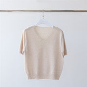 High end seamless wool short sleeved ladies pullover V-neck sweater