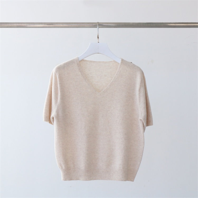 High end seamless wool short sleeved ladies pullover V-neck sweater