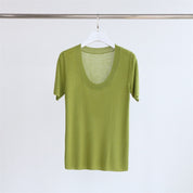 Women U-neck Sweater Casual -fit Short Sleeve Viscose Pullover