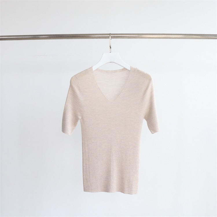 Seamless T Shirt for Women, All-wool Short-Sleeved Sweater Women's Pullover V-neck slim-fit Shirts