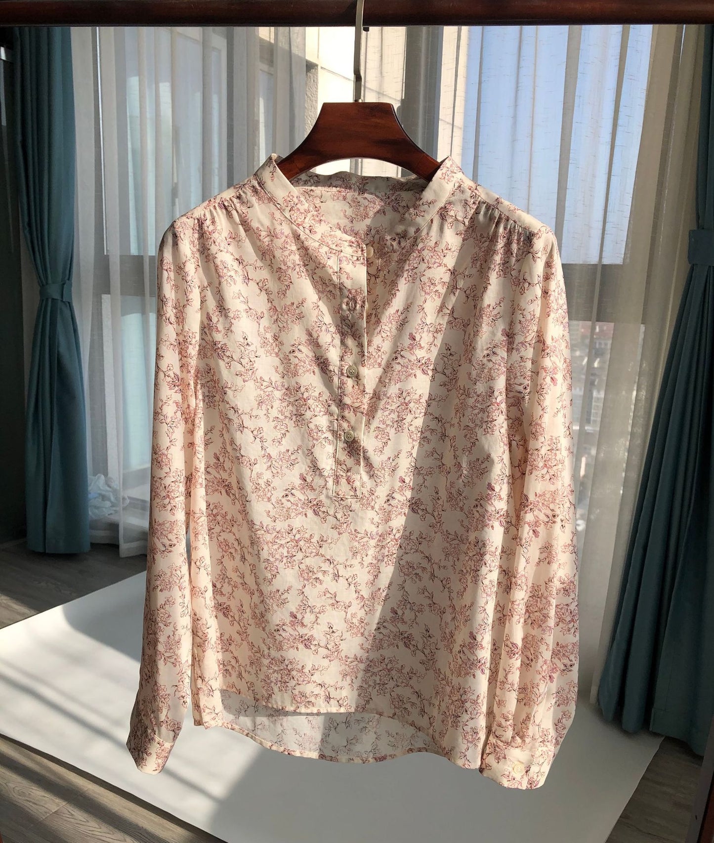 Vintage Ethnic Print Cotton Shirt with Half-Open Placket Long Sleeve Shirt