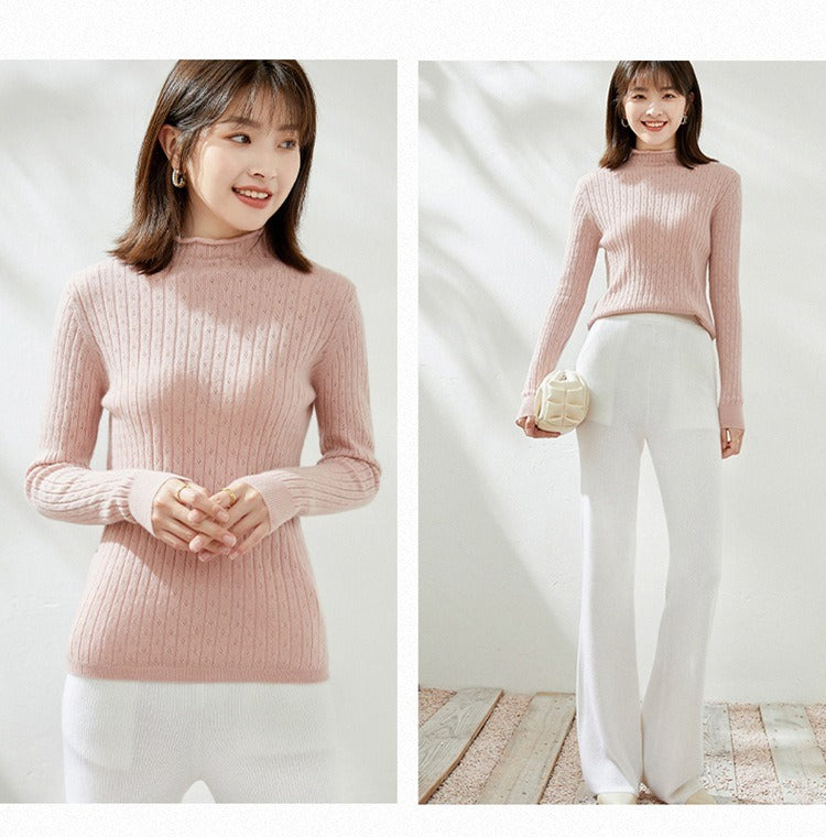 Half Turtleneck with Hollow pattern  100% Cashmere Sweater by Bonolu