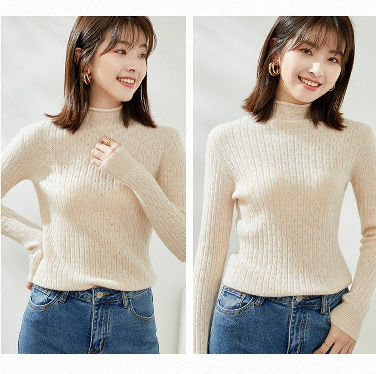 Half Turtleneck with Hollow pattern  100% Cashmere Sweater by Bonolu