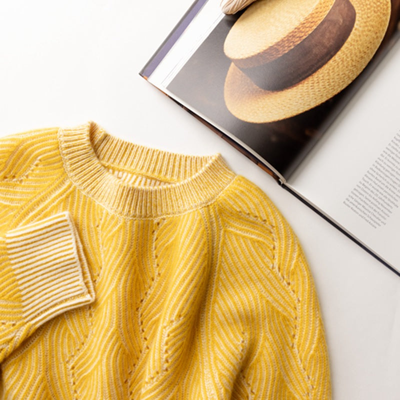 Women Cashmere Sweater Women's Pure Cashmere Sweater Round Neck Striped Color-blocking Women's Thickening Warm Tops
