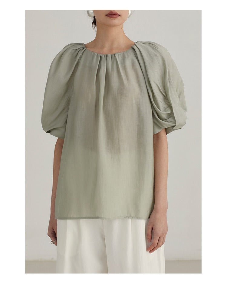 Puff Sleeve Top -  Spring Original Women's Clothing Simple and Elegant Round Neck Puff Sleeve Solid Color