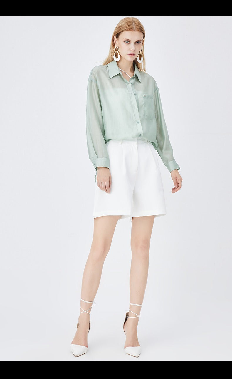 Lyocell Shirt - Thin Shirt Women's Avocado Green Summer New Loose Design Sense Small People Light and Sophisticated Coat Women