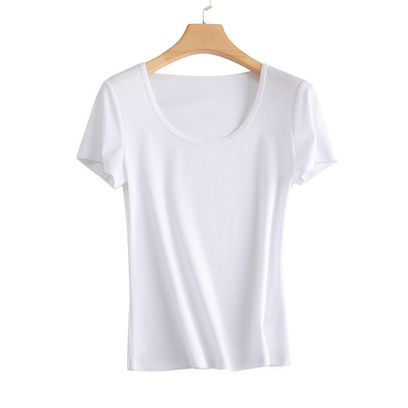 U Neck Silk  T- Shirt - Large U-neck collarbone cool feeling technology silky acetate mulberry silk slim T-shirt women look thin short-sleeved