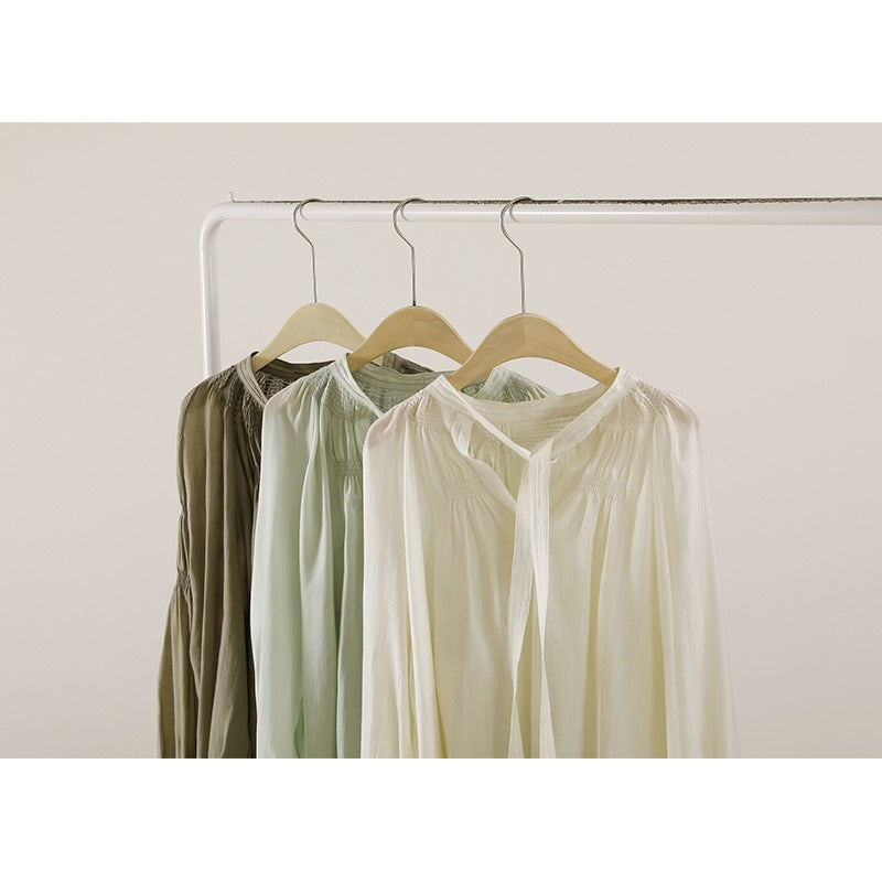 Tencel Draped Shirt - Lantern Sleeve Blouse, Cotton Satin Fashion Elegant Shirt with Turn Down Collar Slightly Permeable Small Shirt for Women