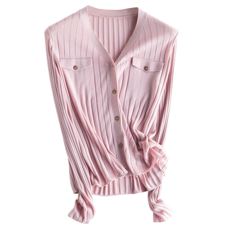 Silk Cardigan - Mulberry silk elastic pit strip slimming sunscreen cardigan women's thin knitwear bottoming shirt V-neck