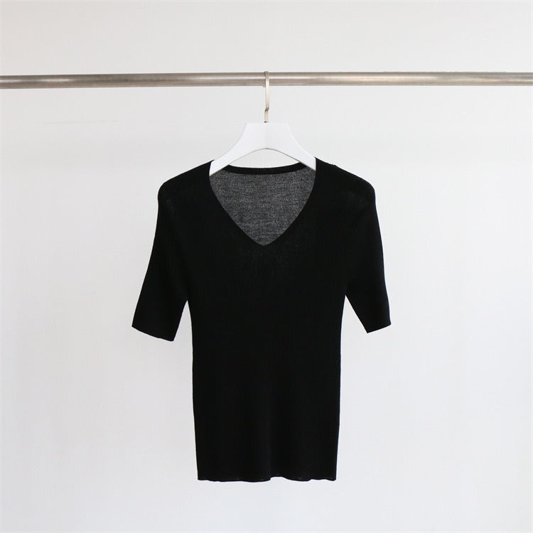 Seamless T Shirt for Women, All-wool Short-Sleeved Sweater Women's Pullover V-neck slim-fit Shirts