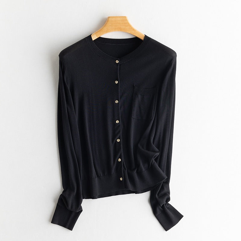 Silk Cardigan -Elevate your wardrobe with our Regenerated Cellulose Fiber Silk Cardigan. With a luxurious look and feel, this cardigan is the perfect addition to any outfit. Shop now for ultimate comfort and style.
