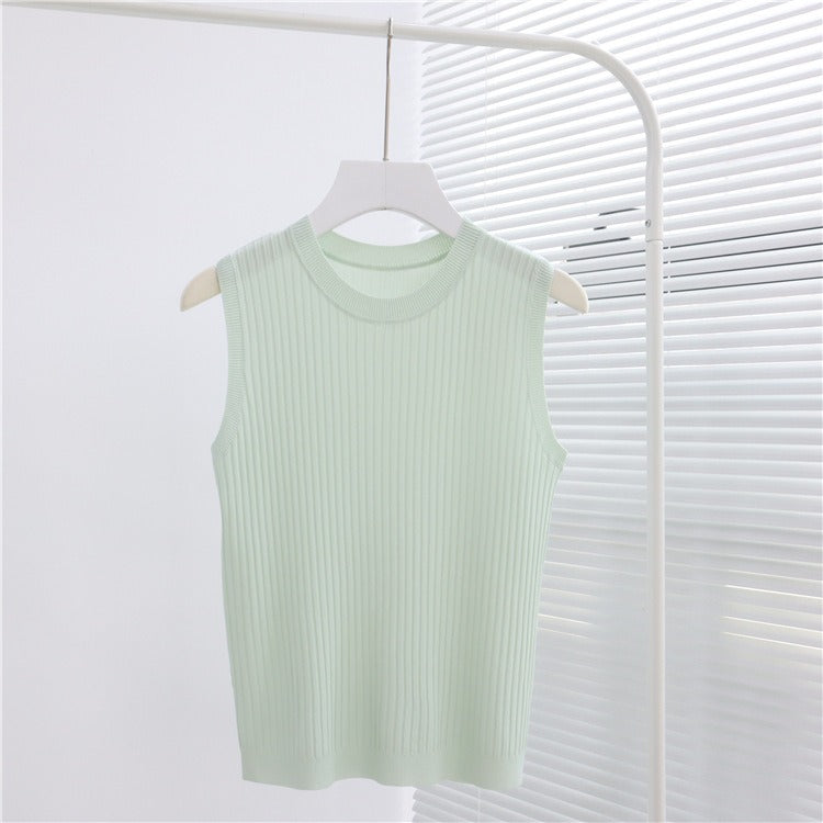 Ribbed T-shirt women's curved bead pit strip vest summer sleeveless women's top bottoming slimming round neck ice silk
