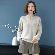 Small V Neck Loose Sweater   - Mink by Bonolu