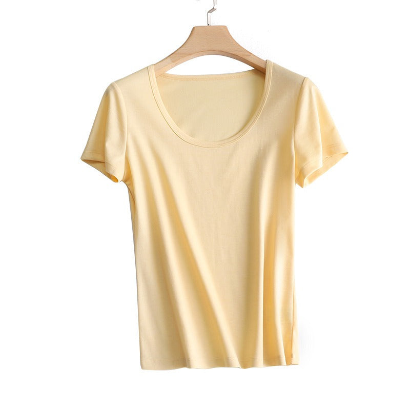 U Neck Silk  T- Shirt -Silk Slim T-shirt women Large U-neck collarbone cool feeling technology silky acetate mulberry silk slim T-shirt women look thin short-sleeved