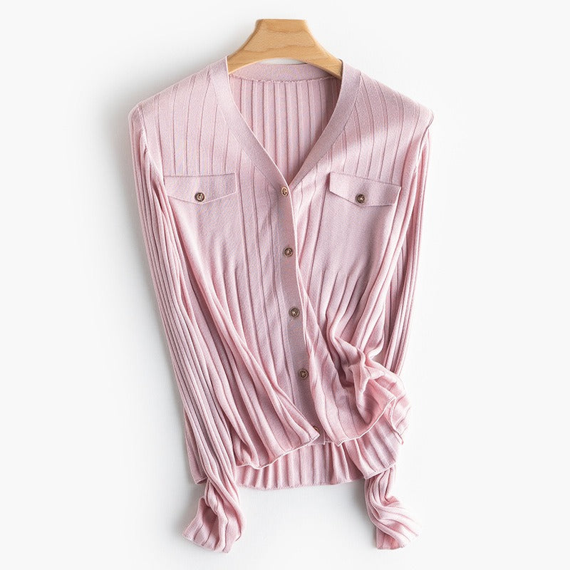Silk Cardigan - Mulberry silk elastic pit strip slimming sunscreen cardigan women's thin knitwear bottoming shirt V-neck