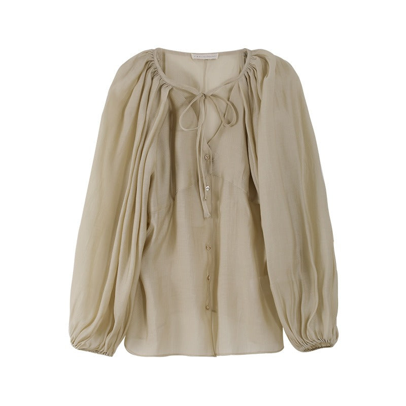 Puff Sleeve Button Shirt -  Spring Original Women's Clothing Temperament Long Puff Sleeve Slim Slim Shirt