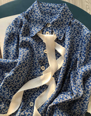 Birds Return to the Forest Printed Silk Shirt with Blue and White Porcelain Accents and Lantern Sleeves