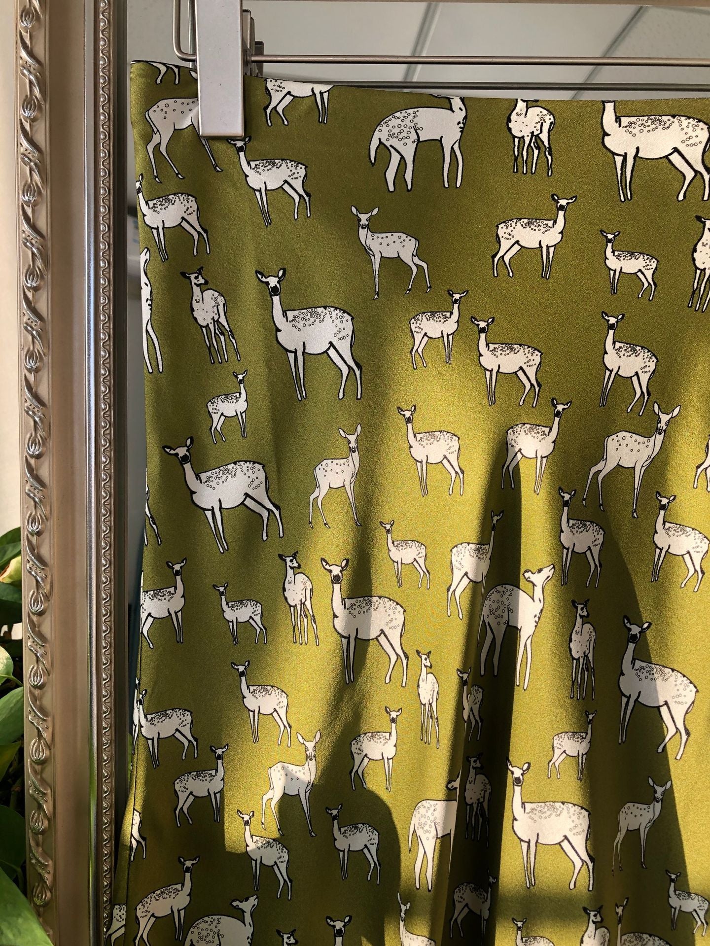 Elegant Sika Deer Print Sandwashed Silk Bias-Cut Skirt with Elastic Waist in Light Mustard Green