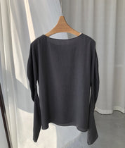 Silk Spinning Boat Neck Top Shirt with High Collar and Cold Gray Personality Sleeves