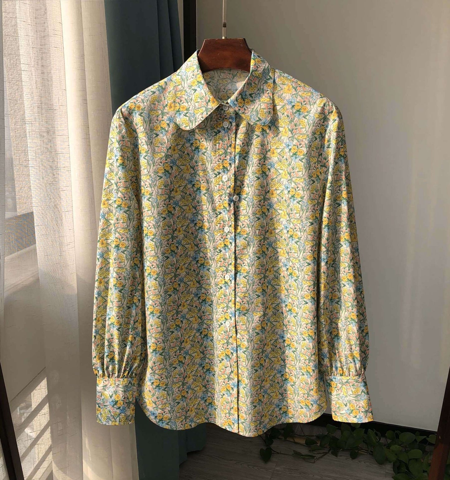 Yellow Floral Cotton Shirt with Doll Collar