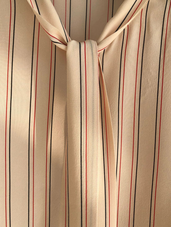 Gentle and Elegant Sand Washed Mulberry Silk Shirt with Classic Striped Print and Tie Butterfly