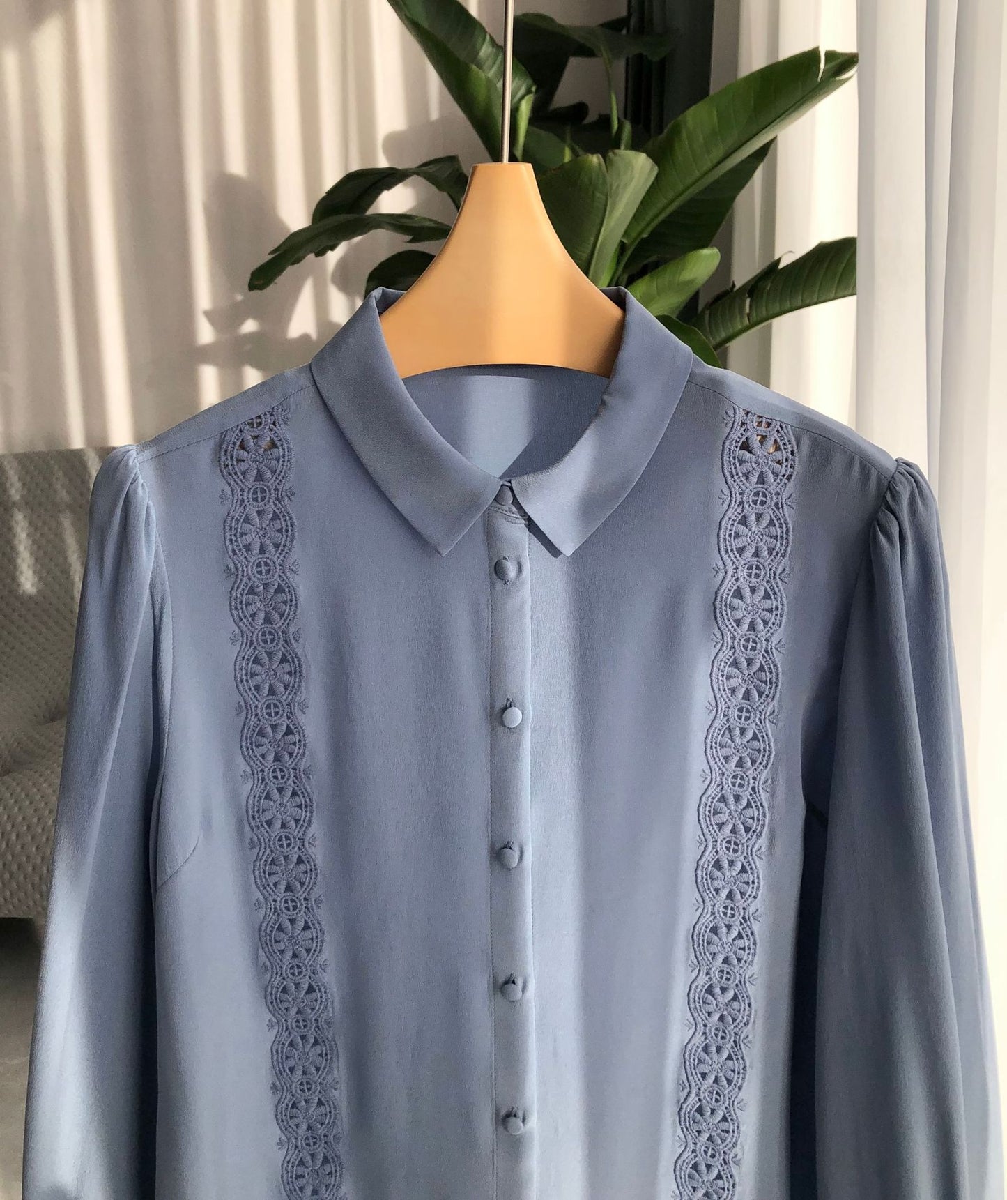 Artistic Embroidered Lace Sand washed Silk Long-Sleeved Shirt