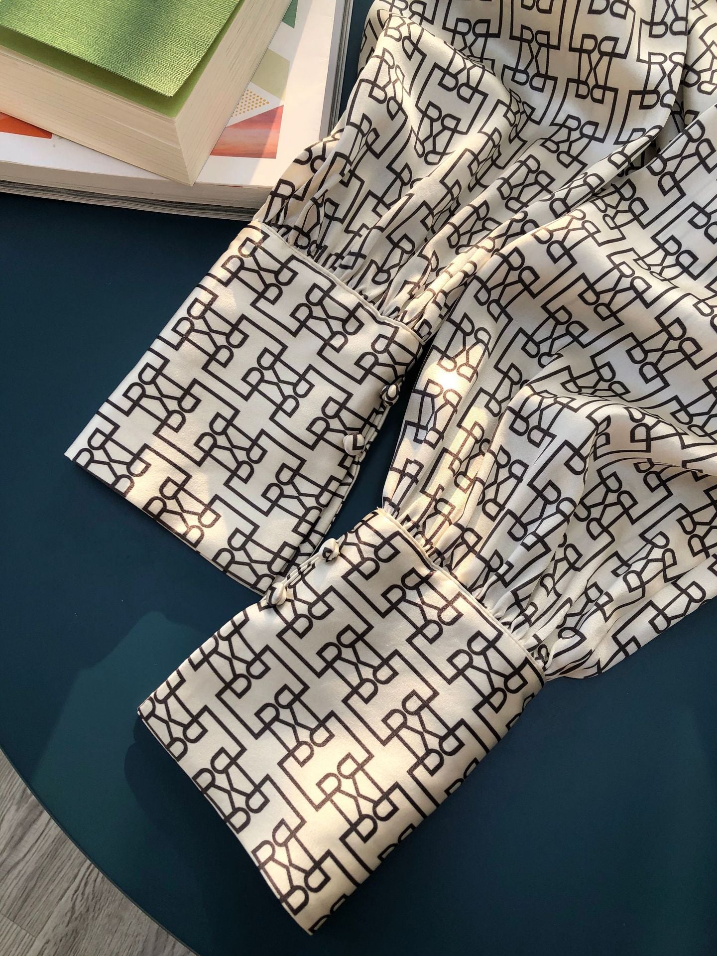 Nordic Labyrinth Print Silk  Plain Crepe Satin Shirt