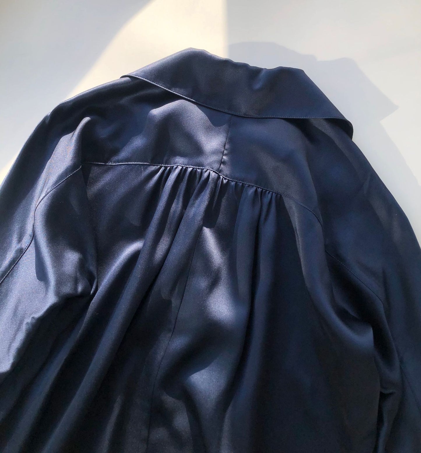 Noble Silk Crepe Satin Pullover Shirt with Back Shirring and Bat Sleeves