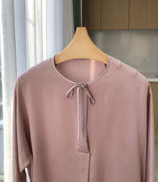 Small Delicate Pink French Sand washed Satin Silk Tie Long-Sleeved Shirt
