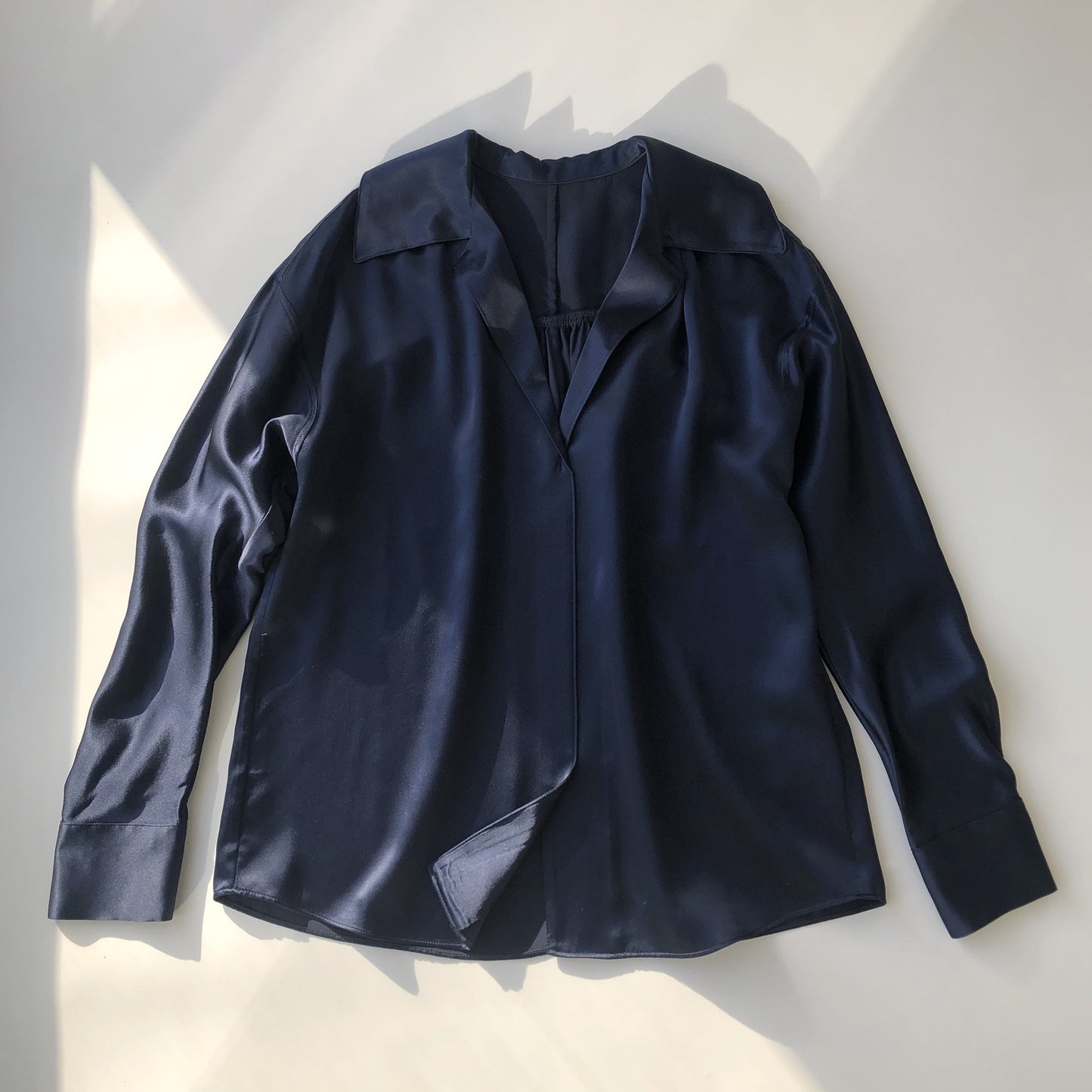 Noble Silk Crepe Satin Pullover Shirt with Back Shirring and Bat Sleeves