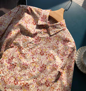 Grassy Floral Long-Sleeved Cotton Shirts: Light, Elegant, and Gentle with a Blue and Pink Small Floral Pattern
