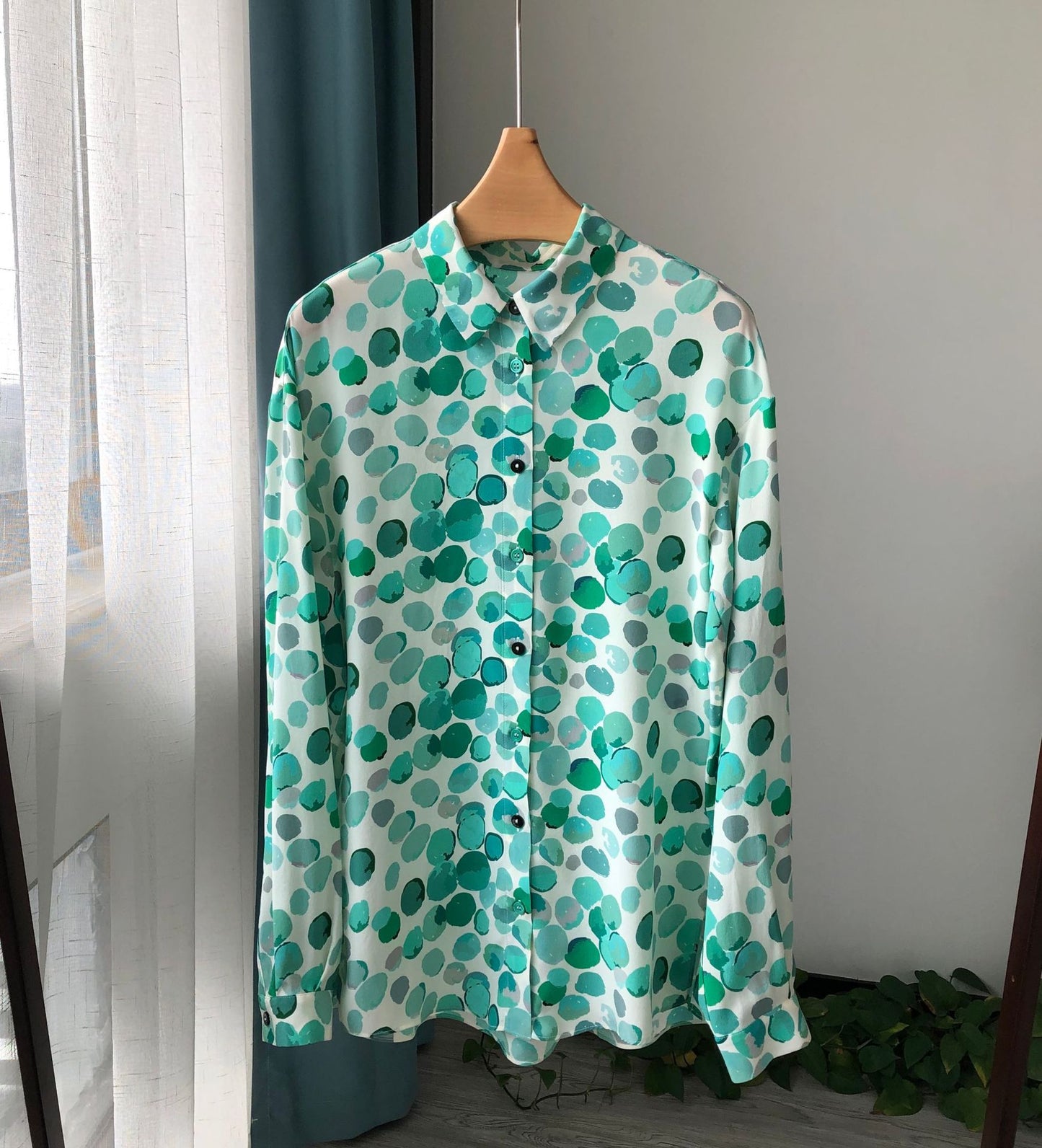 Sand washed Silk Green Grape Print Lapel Shirt Loose Long-sleeved Lapel Shirt