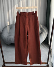 Retro Brick Red Organic Cotton Hemp High-Waisted Wide-Leg Pants with a Loose Profile