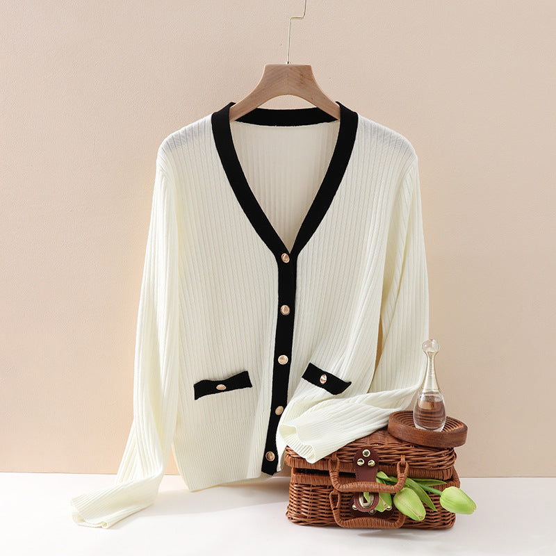 Basulan Knitted V-Neck Cardigan with Striped Design for Early Spring Fashion