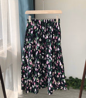 Oil Painting Style Tulip Print Elastic Waist A-Line Skirt