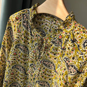 Paisley Print Silk Shirt with V-Neckline and Pleated Design