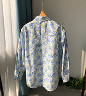 Grassy Floral Long-Sleeved Cotton Shirts: Light, Elegant, and Gentle with a Blue and Pink Small Floral Pattern