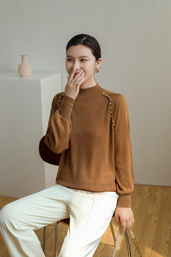 Feminine Loose Knitwear - Beaded Shoulder Line Sweater