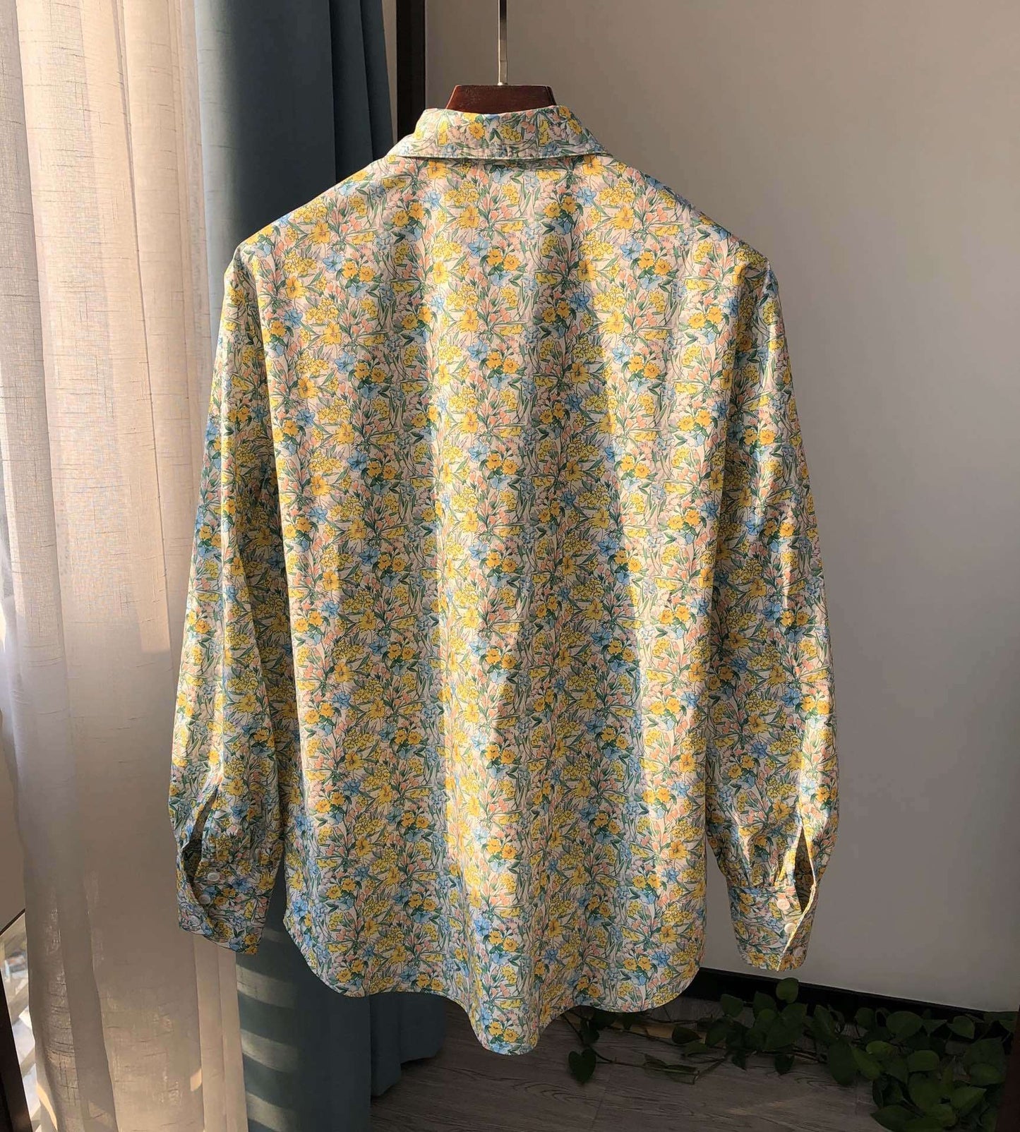 Yellow Floral Cotton Shirt with Doll Collar