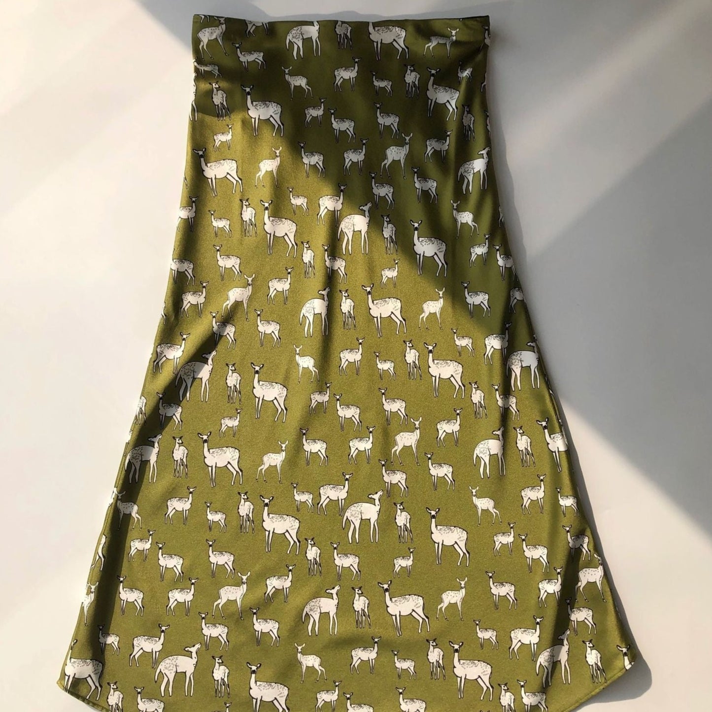 Elegant Sika Deer Print Sandwashed Silk Bias-Cut Skirt with Elastic Waist in Light Mustard Green