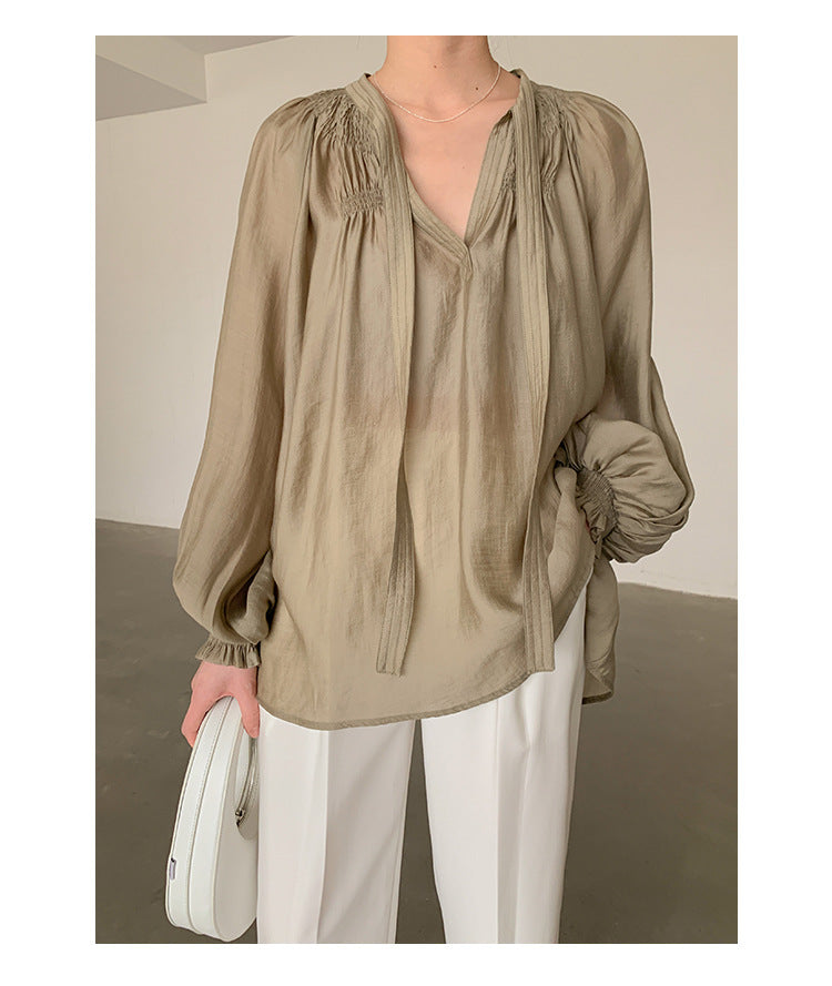 Tencel Draped Shirt - Lantern Sleeve Blouse, Cotton Satin Fashion Elegant Shirt with Turn Down Collar Slightly Permeable Small Shirt for Women