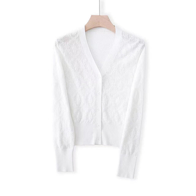 V-neck Casual Knitwear with Hollow Jacket Sunscreen Cardigan Women
