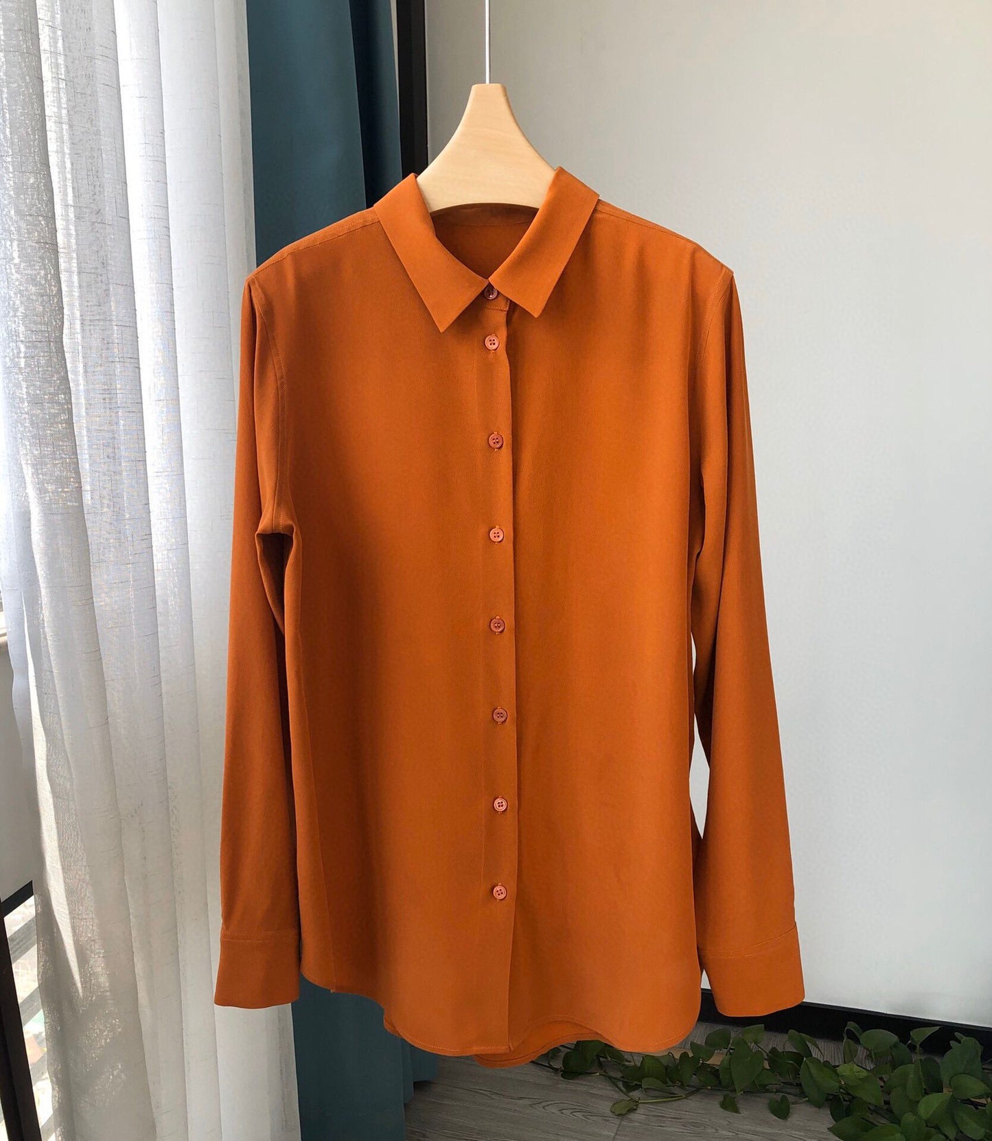 Silk Shirt for Women, Pure Color Simple Long-Sleeved Tops for Ladies (No Pocket)