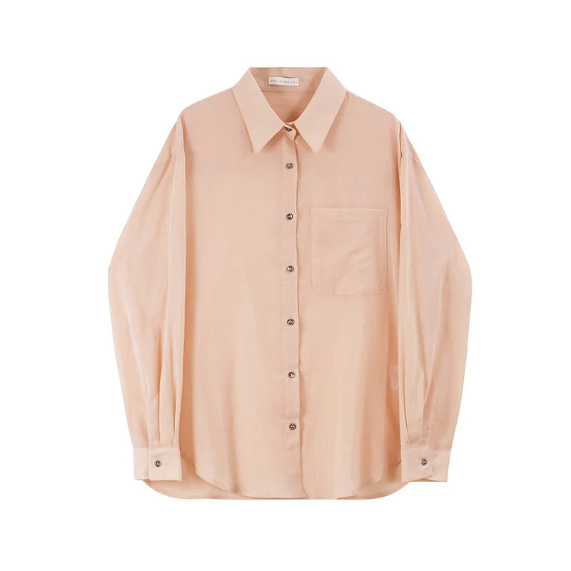 Women's Button Down Long Sleeve Casual Dress Shirt - Spring and Summer Original Simple Solid Color Lapel Buckle Sunscreen Micro-transparent Shirt Female